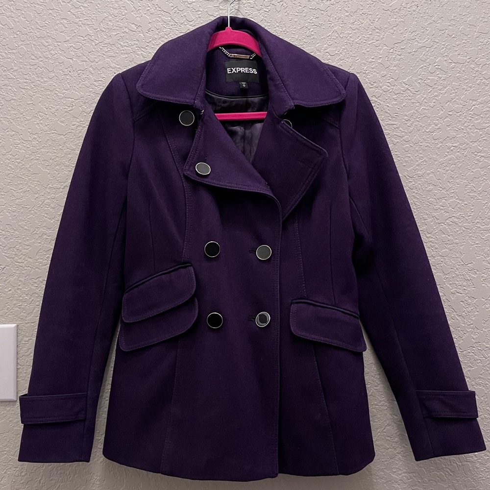 EXPRESS Women’s Purple Peacoat Cheetah Print Lining size XS Garment Bag Included